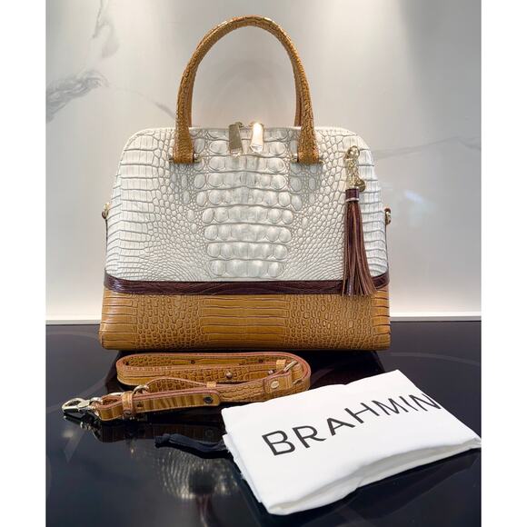 NEW Brahmin Sydney Satchel Coconut Kedima Croc-Embossed Leather Top Handles NWT - Picture 1 of 14